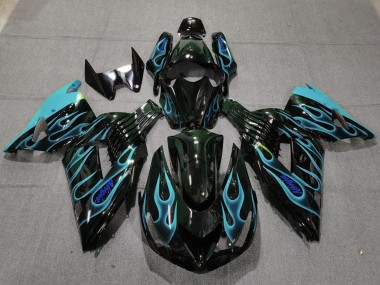 Carénages Moto Kawasaki ZX14R 2006-2011 - Noir Brillant Bleu Clair Flamme