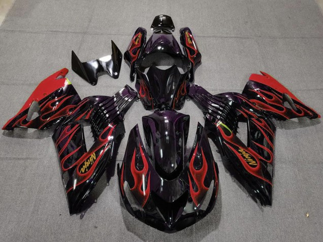 Carénages Moto Kawasaki ZX14R 2006-2011 - Noir Brillant Rouge Flamme Or Ninja