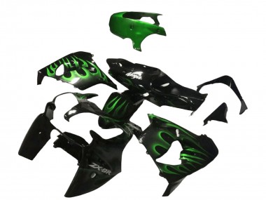 Carénages Moto Kawasaki ZX9R 2000-2001 - Noir Brillant Vert Flamme