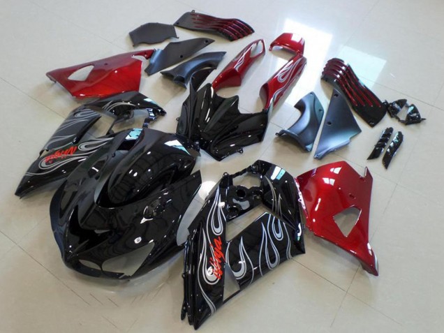 Carénages Moto Kawasaki ZX14R ZZR1400 2006-2011 - Rouge Noir Brillant Argent Flamme